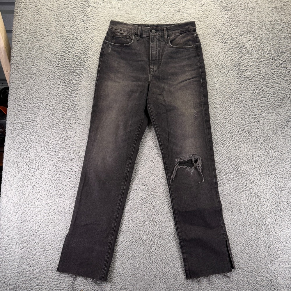 Good American Jeans Womens 29x31‎ Balck Cotton Denim Straight Stretch Distressed